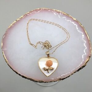 Vintage 12k gold filled MoP coral flower heart shape dainty chain necklace.